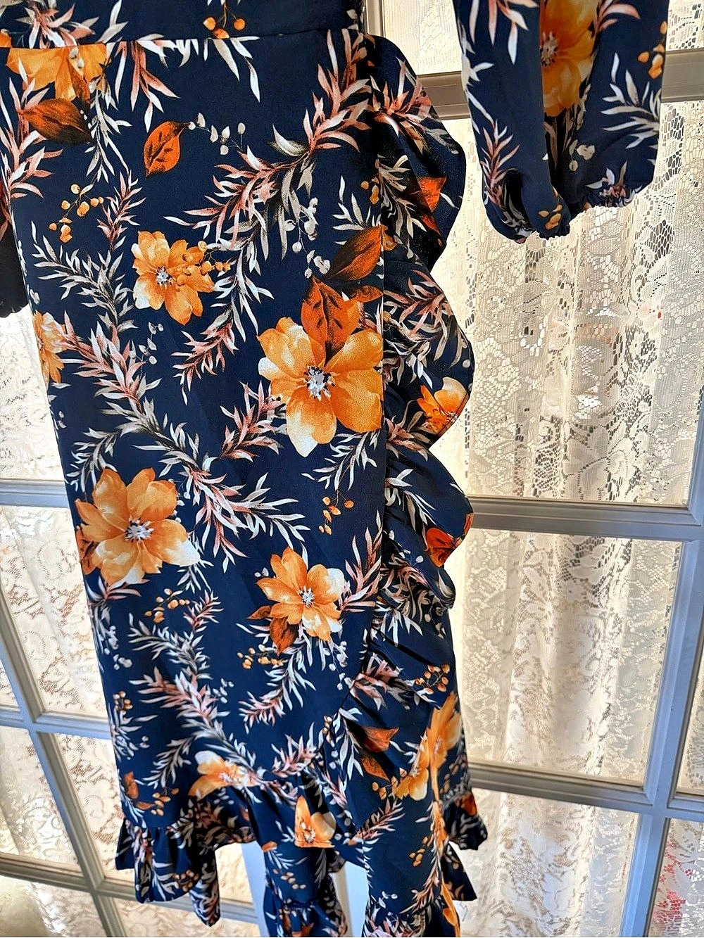 Blue Rain Navy Floral Wrap Midi Dress – Size L NW/oT